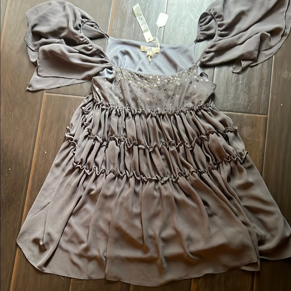 Elegant Gray Ruffled Babydoll Dress with Beaded Detail